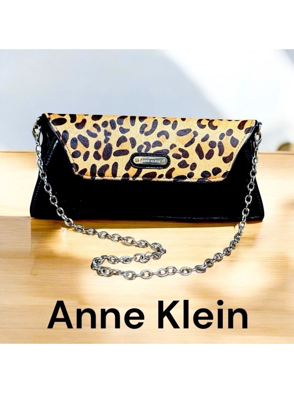 Anne Klein-vintage leopard print black patent leather chain purse/clutch. GUC!
